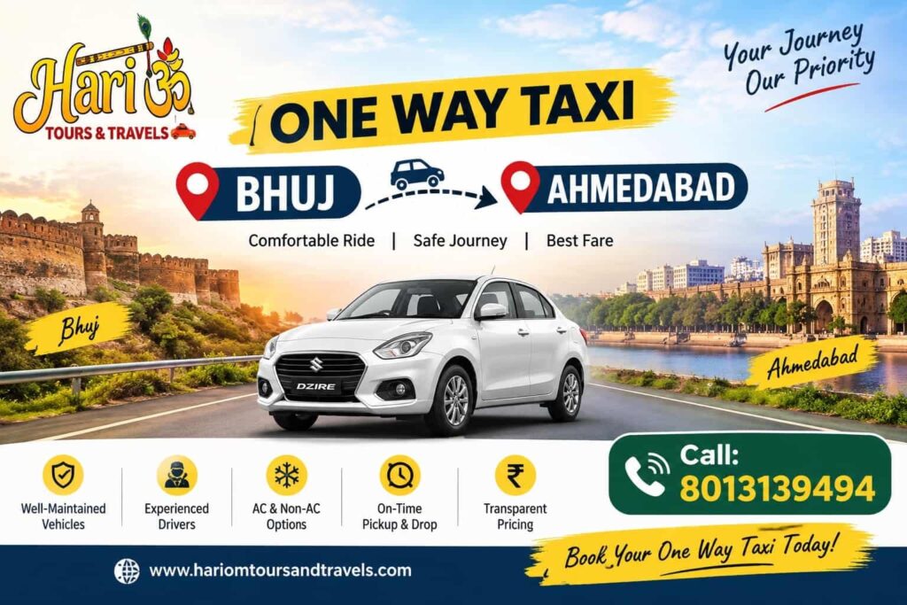 One Way Taxi Bhuj to Ahmedabad — Door-to-Door, No Return Needed